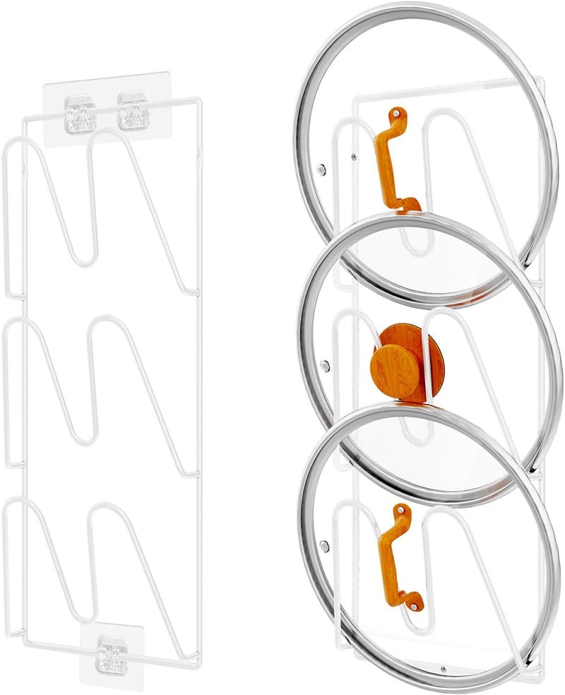 Durmmur 2 Pack Pot Lid Organizer Rack, 6-Tier Pot Lids Holder for Cabinet Door/Wall, No Drilling Adhesive Wall/Door Mounted Rustproof Pot and Pan Cover for Kitchen Storage, White - Image 1